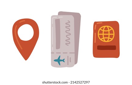 Pasaporte, billete de vuelo y punto de navegación como conjunto de vectores de artículos para viajes y turismo