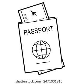 Passport  with flight ticket. Travel or business trip concept. Isolated outline Illustration on white background