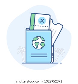 Passport With Flight Tickets Line Icon. Travel Document With Boarding Pass Outline Illustration.