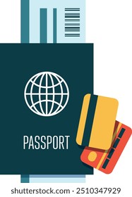 Passport and flight tickets. Plane trip color icon