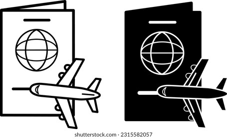 Iconos de pasaporte y avión volador. Ilustración vectorial Turismo y Recreación. Documento internacional de identidad de viaje