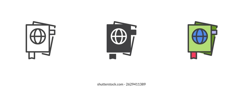 Passport with globe different style icon set. Line, glyph and filled outline colorful version, outline and filled vector sign. Travel document symbol, logo illustration. Vector graphics