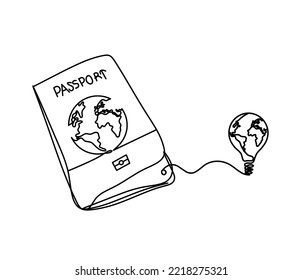 Pasaporte con la bombilla del globo como plano de línea sobre fondo blanco. Vector