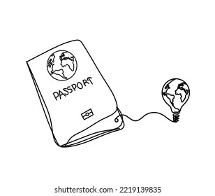 Passport with globe light bulb as line drawing on white background. Vector