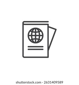 Pasaporte con icono de línea de globo. signo de estilo lineal para concepto móvil y Diseño web. Icono de Vector de esquema de guía turística. Símbolo internacional del documento, ilustración del logotipo. Gráficos de Vector