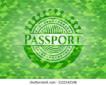 Passport green emblem with triangle mosaic background