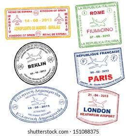 Passport grunge stamps from Athens, Rome, Paris, Berlin, London and Madrid, vector illustration