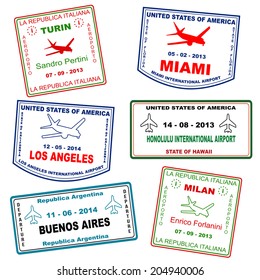 Passport grunge stamps (not real passport stamps) from Turin, Miami, Los Angeles, Honolulu, Buenos Aires and Milan, vector illustration