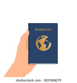 Passport in hand. A passport held by someone. Flat Design citizenship ID for traveler isolated. Blue international document - passport illustration.
