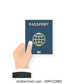 Passport in hand. Man holds in his hand the document. Personal identification. Passport for travel and business travels. Vector illustration, flat design style isolated on white background