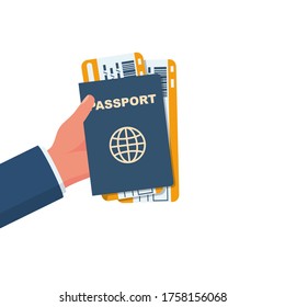 Passport in hand. Man holds in his hand the document. Passport for travel and tourism.Personal identification. Vector illustration flat design. Isolated on white background.