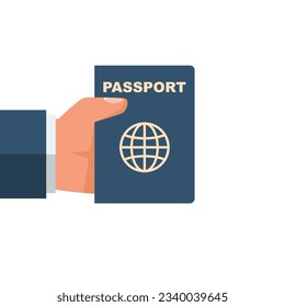 Passport in hand. Man holds in his hand the document. Passport for travel and tourism. Personal identification. Vector illustration, flat design style.