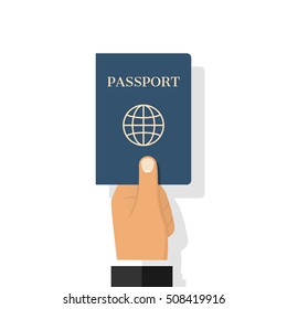 Pasaporte en mano. El hombre sostiene en su mano el documento. Pasaporte para viajes y turismo. Identificación personal. Ilustración de vectores, estilo de diseño plano