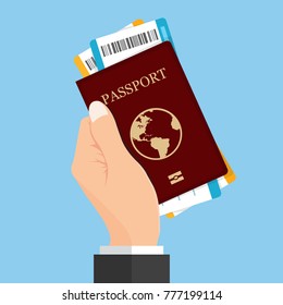 Passport in hand. Man holds in his hand the document. Vector illustration, flat design style