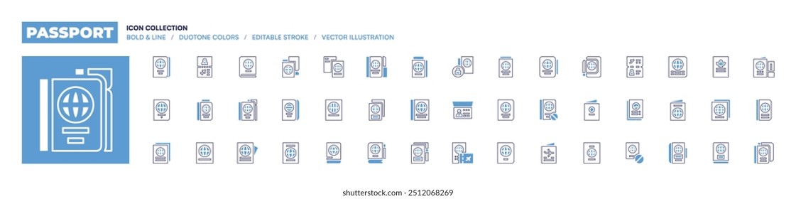 Coleção de ícones do Passport. Estilo de linha em negrito. Cores duotônicas. Curso editável. passaporte, documento, sem viagem, visto.