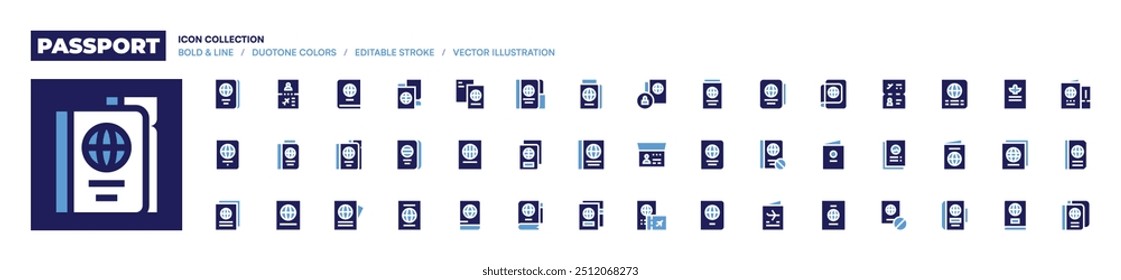 Coleção de ícones do Passport. Estilo negrito. Cores duotônicas. passaporte, viagem, visto, documento, sem viajar.