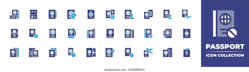 Passport icon collection. Duotone color. Vector and transparent illustration. Containing passport, deportation, travel, visa, plane ticket.