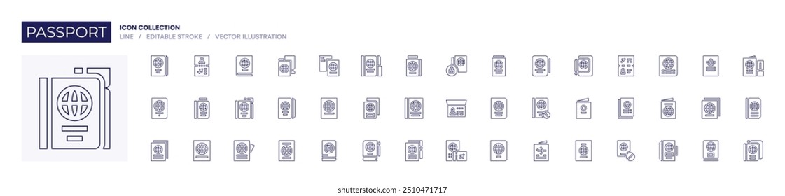 Coleção de ícones do Passport. Estilo da linha. Curso editável. passaporte, viagem, documento, sem viagem, visto.