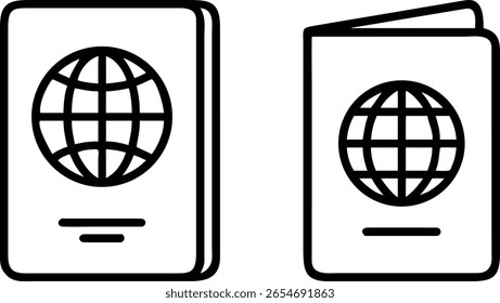 Passport Icon Design: Closed and Open Book Style with Globe Symbol for Travel and International...