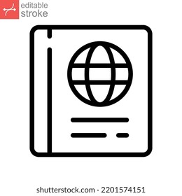 Passport icon. Document book world verify. Citizenship ID for traveler. Air travel international document. Visa legal immigration. Editable stroke Vector illustration Design on white background EPS10