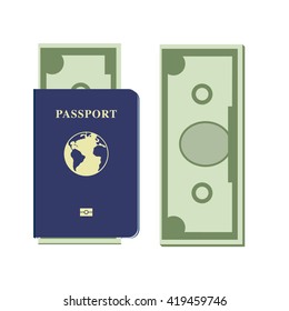 Passport icon. Passport with dollars inside. Hand drawn  vector stock illustration. Isolated on white background