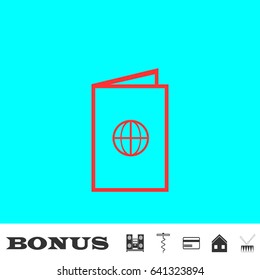 Passport icon flat. Red pictogram on blue background. Vector illustration symbol and bonus buttons Music center, corkscrew, credit card, house, drum