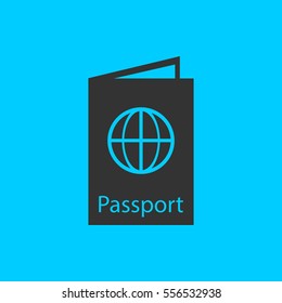Passport icon flat. Simple vector black pictogram on blue background