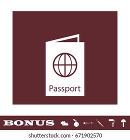 Passport icon flat. White pictogram on brown background. Vector illustration symbol and bonus icons