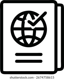 Passport icon with globe and checkmark on a white background travel document