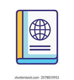 A passport icon with a globe representing international travel in cartoon style