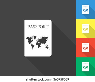 passport icon - gray and colored (blue, yellow, red, green) vector illustration with long shadow