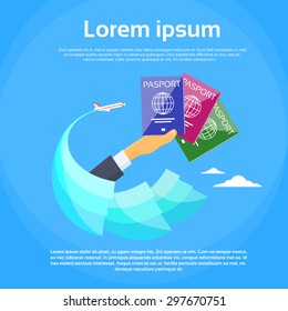 Passport Icon Hand Hold Travel Document Vacation Trip Booking Air Plane Flight Flat Logo Banner Vector Illustration