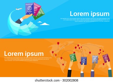 Passport Icon Hand Travel Document Vacation Trip Booking Air Plane Flight Logo Web Banner Set Flat Vector Illustration