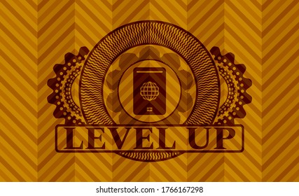 passport icon and Level Up text abstract orange color realistic badge. Geometric luxurious background. Illustration. 