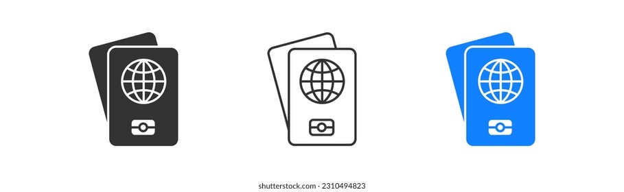 Passport icon on light background. Visa symbol. Documents, travelling, immigration, citizenship. Outline, flat and colored style. Flat design. Vector illustration.