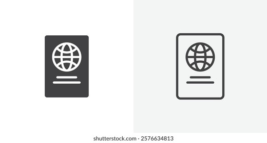 Passport icon set in black flat solid and outlined style.