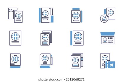 Ícone do Passport definido. Estilo de linha em negrito. Cores duotônicas. Curso editável. passaporte, documento, visto.