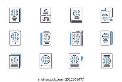 Ícone do Passport definido. Estilo de linha em negrito. Cores duotônicas. Acidente vascular cerebral editável. passaporte, viagem, visto.