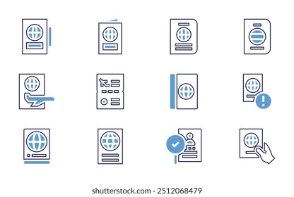 Ícone do Passport definido. Estilo de linha em negrito. Cores duotônicas. AVC editável. passaporte, viagem, visto, deportação.