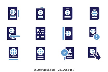 Ícone do Passport definido. Estilo negrito. Cores duotônicas. viagem, passaporte, cheque, visto, deportação.