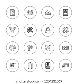 Passport icon set. collection of 16 outline passport icons with boarding pass, flight information, flight, metal detector, passport, nationality, romantic dinner icons.