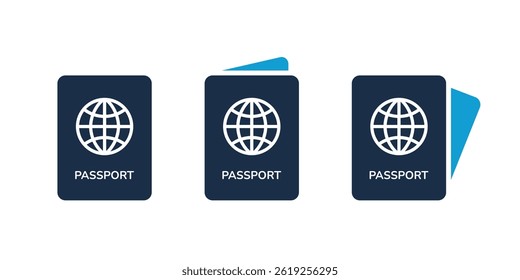 Passport icon set. International passport icon. Document icon. Flight ticket and passport icon set.