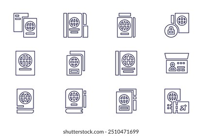 Ícone do Passport definido. Estilo da linha. Acidente vascular cerebral editável. passaporte, viagem, viagem, visto.