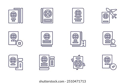 Ícone do Passport definido. Estilo da linha. Acidente vascular cerebral editável. passaporte, viagem, deportação.