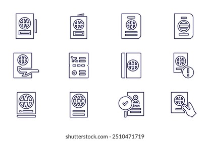 Ícone do Passport definido. Estilo da linha. AVC editável. passaporte, viagem, cheque, visto, deportação.