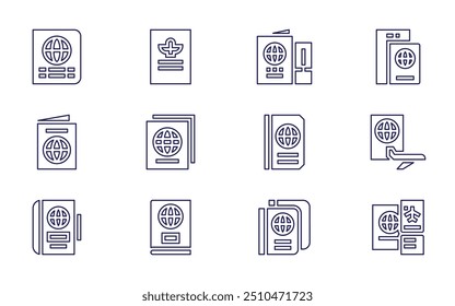 Ícone do Passport definido. Estilo da linha. Curso editável. Viagem, passaporte, visto, bilhete de avião.