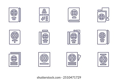 Ícone do Passport definido. Estilo da linha. Acidente vascular cerebral editável. passaporte, viagem, visto.