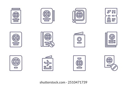 Ícone do Passport definido. Estilo da linha. Curso editável. passaporte, documento, sem viagem, visto.