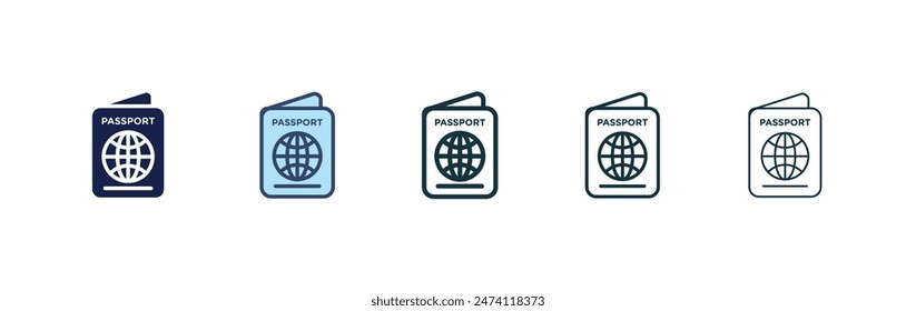 Passport icon set. travel foreign passport document vector symbol. national citizenship identity international passport sign in black filled and outlined style.