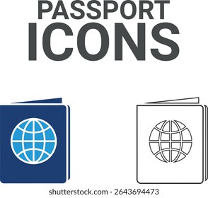Ícones do Passport, Ícones da arte de linha. Ele contém um contrato, um acordo, um passaporte, um bilhete de identidade, um certificado, uma licença, uma patente, um testamento e muito mais. Coleção de ícones sólidos de vetor